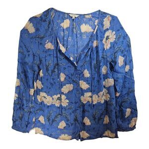 Lucky Brand Blue Floral Print Peasant Blouse Button Front Size M